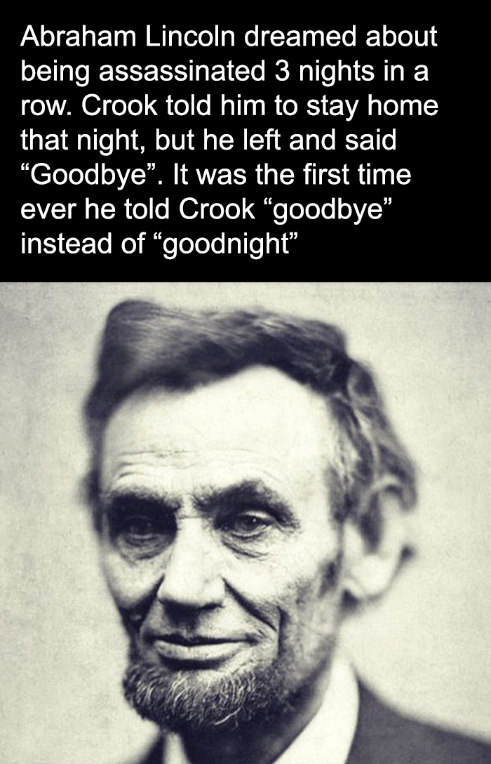 Black and white portrait of Abraham Lincoln with a creepy fact about his assassination dream and farewell goodbye.
