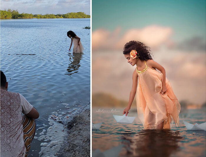 Photographer capturing a staged photo of a girl with paper boats in water, revealing the truth behind perfect professional photos.