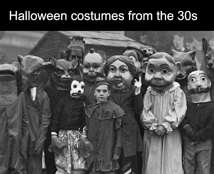 Group of people wearing creepy Halloween costumes from the 30s, illustrating eerie vintage creepy facts and pictures.