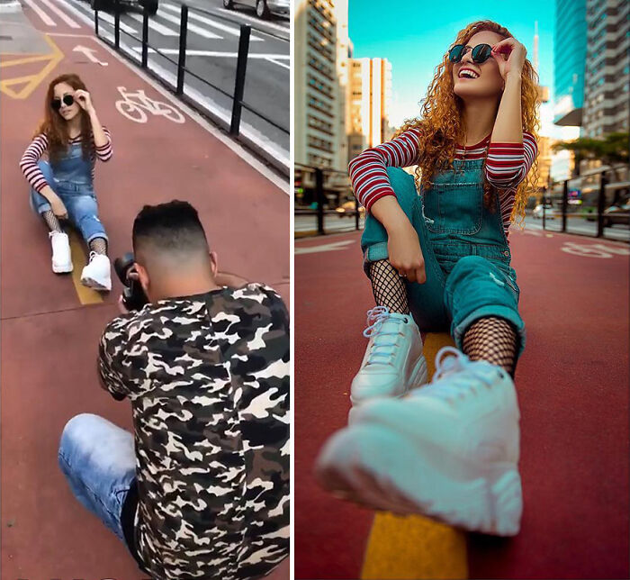 Photographer capturing a model on a city street showing the truth behind perfect professional photos.