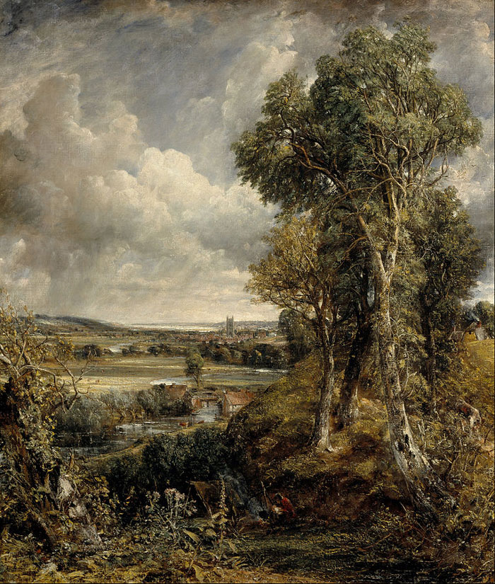 Landscape painting depicting a lush, tree-lined countryside with a distant village and cloudy sky.