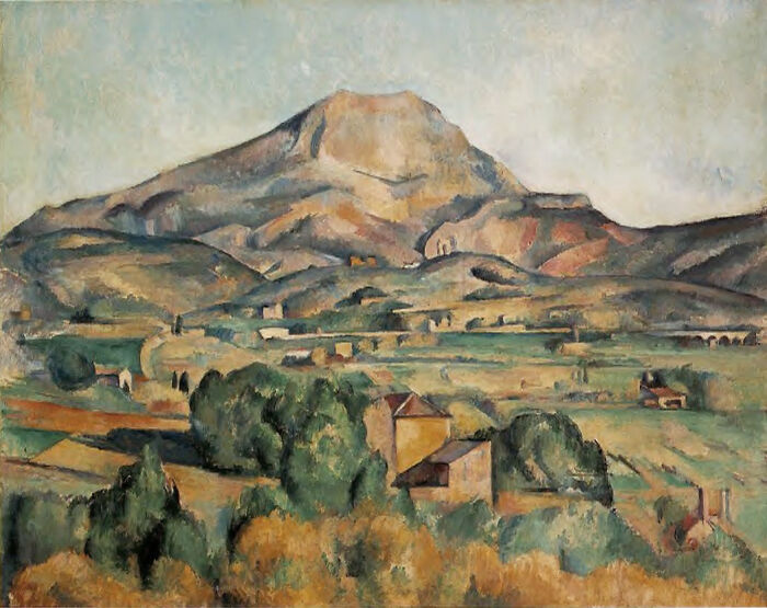 Landscape painting of a mountain and valley by a world-famous painter, featuring lush greenery and scattered buildings.