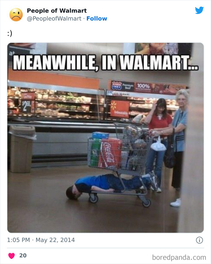 Child in a shopping cart at Walmart amusing shoppers with an unusual pose.