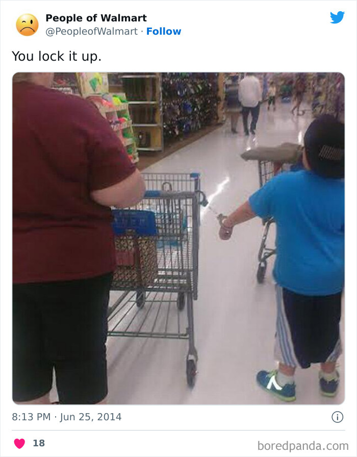 People shopping at Walmart with a unique shopping cart setup.