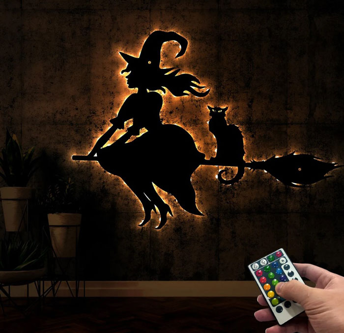 Flying Witch Metal Wall Art With Lights