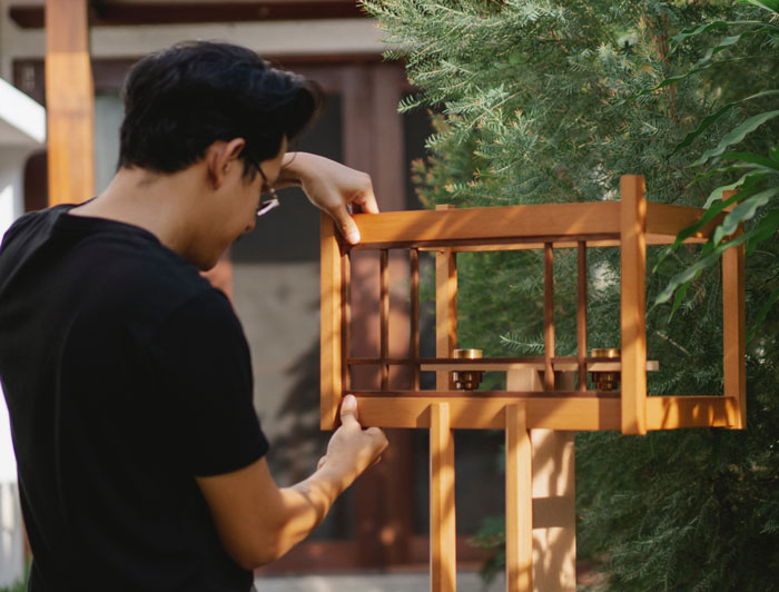 Person assembling a wooden model at home, surrounded by greenery.