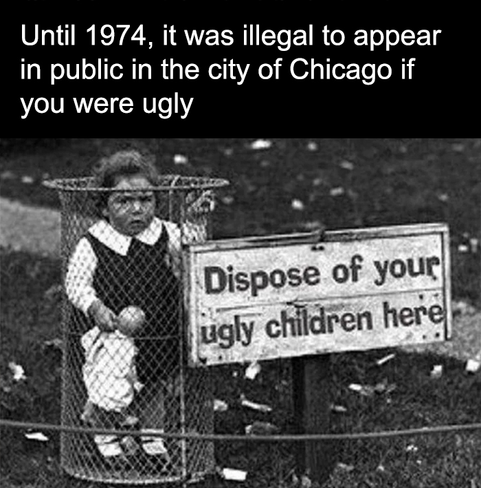 Child inside a trash can with a sign reading dispose of your ugly children here, illustrating creepy facts to deprive sleep.