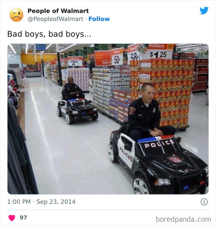 Police officers in toy cars inside a Walmart.