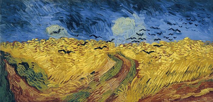 Landscape painting with a dynamic sky and fields of yellow wheat, depicting nature with expressive brush strokes.