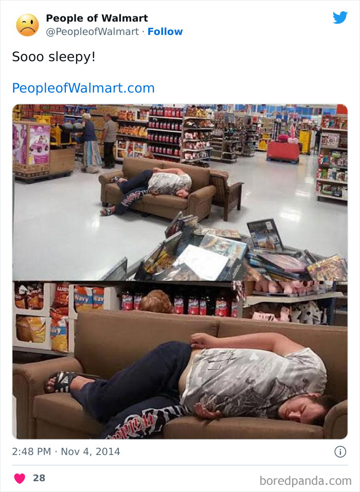Person sleeping on a couch inside Walmart store, creating a bizarre shopping scene.