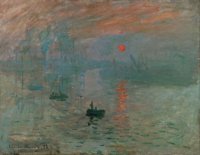 Famous landscape painting featuring a serene harbor at sunset with boats and a vivid orange sky.