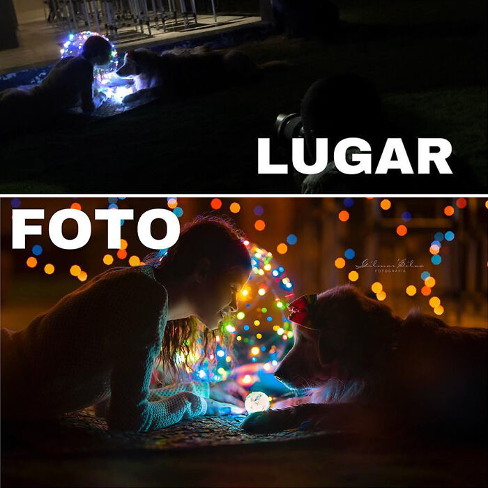 Photographer shares the truth behind perfect professional photos showing behind-the-scenes setup and final shot with colorful lights.