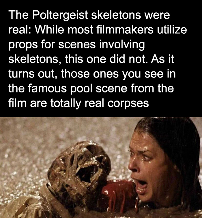 Woman terrified next to a real skeleton corpse in the pool scene from The Poltergeist, a creepy fact to deprive sleep.