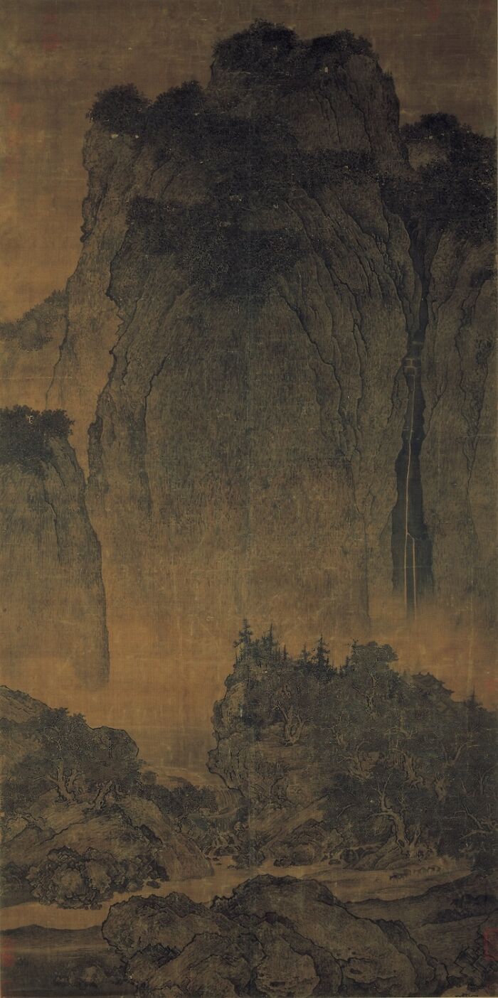 Landscape painting featuring towering cliffs and lush greenery by a world-famous painter.