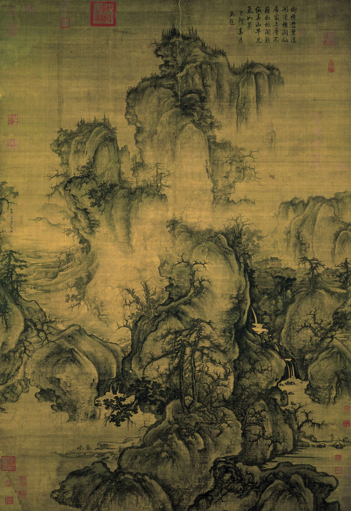 Chinese landscape painting with rugged mountains and trees by a world-famous painter.