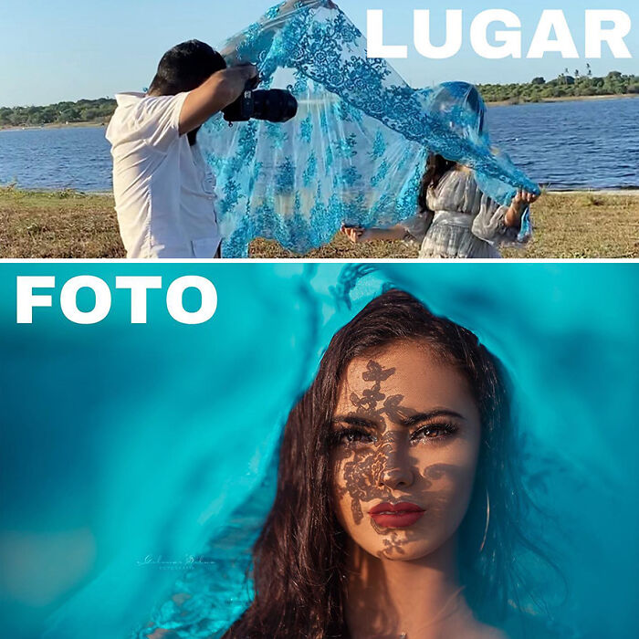 Photographer capturing the truth behind perfect professional photos using creative fabric lighting and shadow effects outdoors.