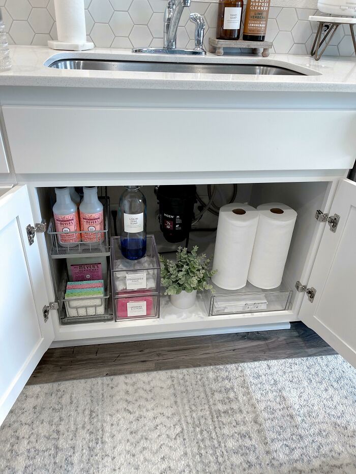 Reorganized Under My Kitchen Sink Today. Yes I Added A Faux Plant For A Little Excitement