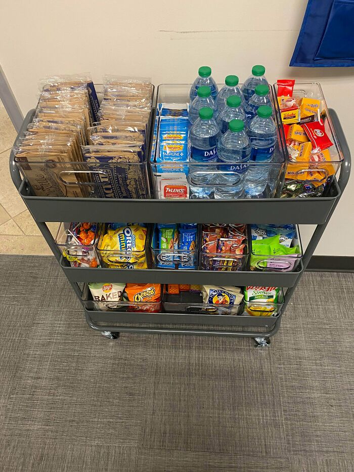 I Love Organizing The Snacks At Work! The Fridge Is The Only Place That Gets A Little Messy With Lunches But Other Than That I Think It Looks Pretty Good