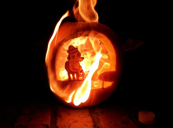 I Carved The "This Is Fine" Dog Into A Pumpkin