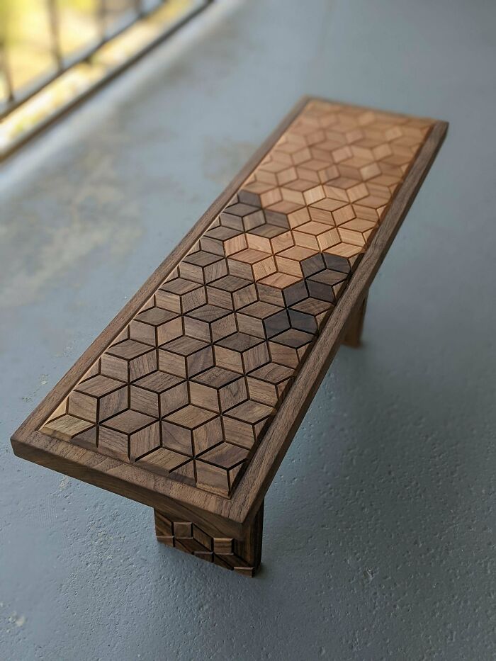 Bench I Made Recently. Walnut And Cherry! The Pattern Is Cut On A Table Saw And Inlaid