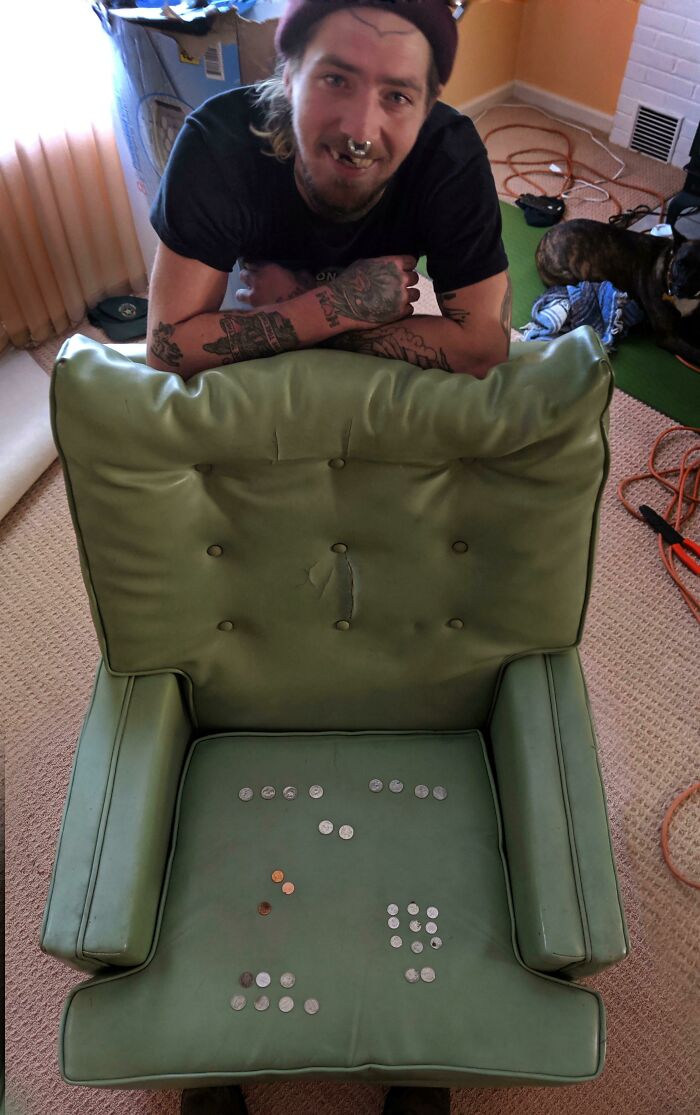 5 Dollar Thrift Store Chair. On Mondays Everything Is Half Off So We Got It For $2.50. Upon Bringing It Inside We Found $3.88 In The Cushions. #blessed