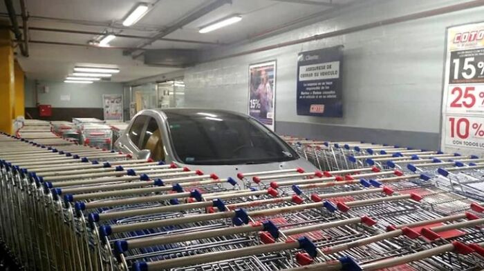 Employees In A Supermarket React To A Customer That Left The Car In The Middle Of The Parking Lot, Blocking The Way
