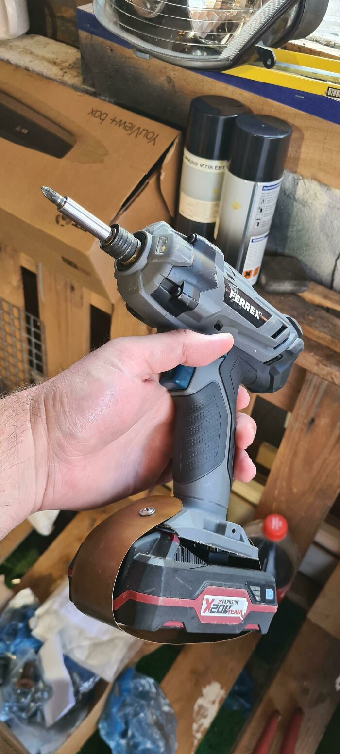 His Battery Broke But He Had A Spare From A Different Drill. After Introducing Him To This Subreddit He Was Very Excited To Show Me His Engineering And To Pass It On To You
