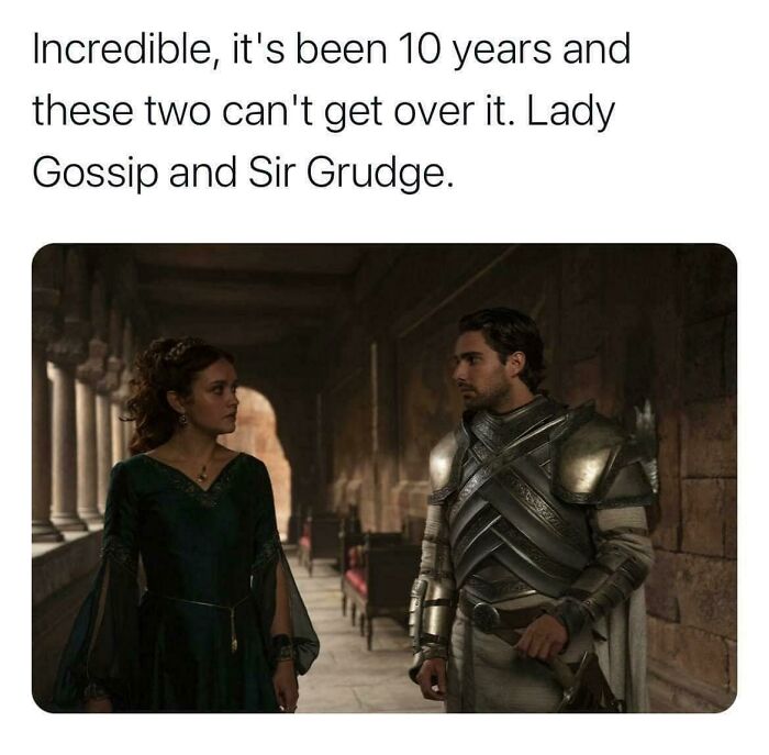 Two characters from House of the Dragon in medieval attire, captioned about unresolved issues.