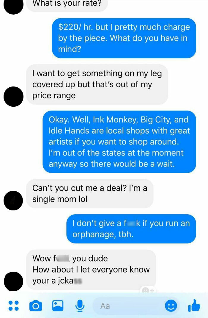 Tattoo artist message exchange with a difficult customer discussing rates and negotiating a tattoo design.
