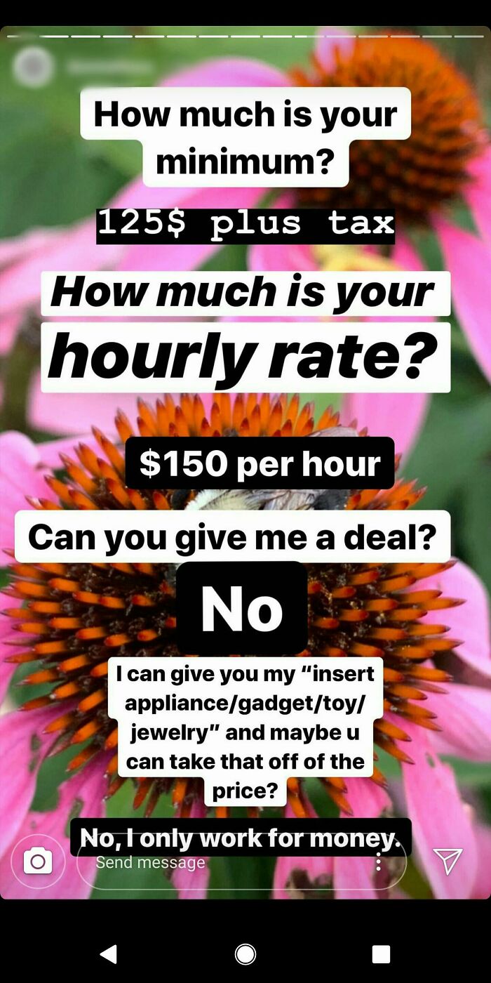 Tattoo artist responds to customer asking for discounts and barter, stating rates of $150 per hour and $125 minimum plus tax.