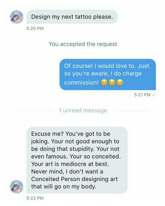 Text conversation showing a tattoo artist dealing with a difficult customer.
