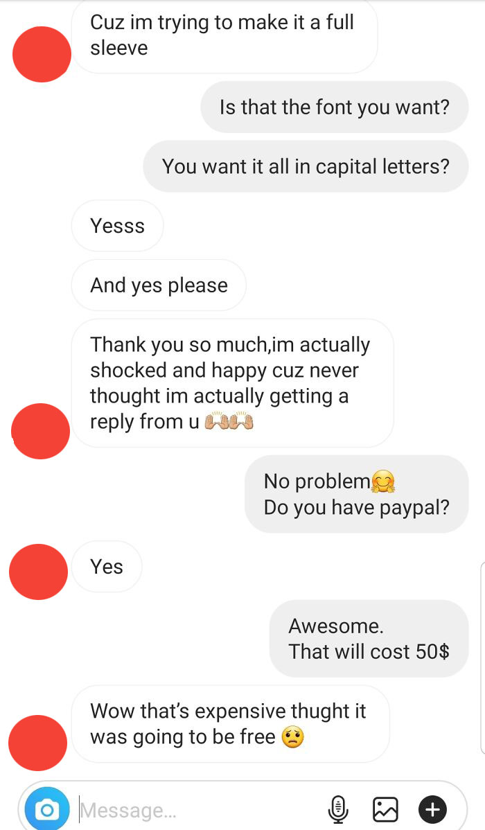 Tattoo artist dealing with difficult customer requesting free full sleeve design via text chat.