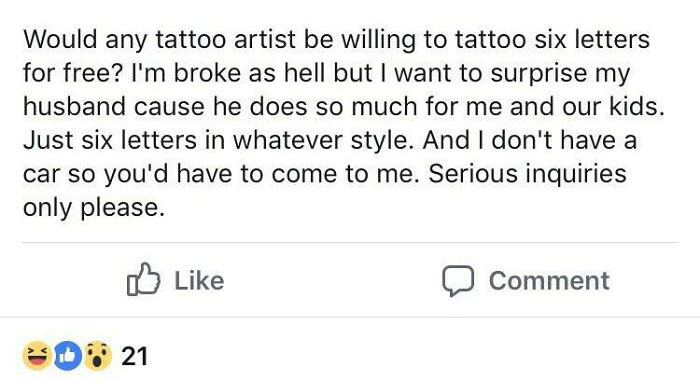 Text post with humorous customer request for a free tattoo, showcasing a challenging situation for tattoo artists.