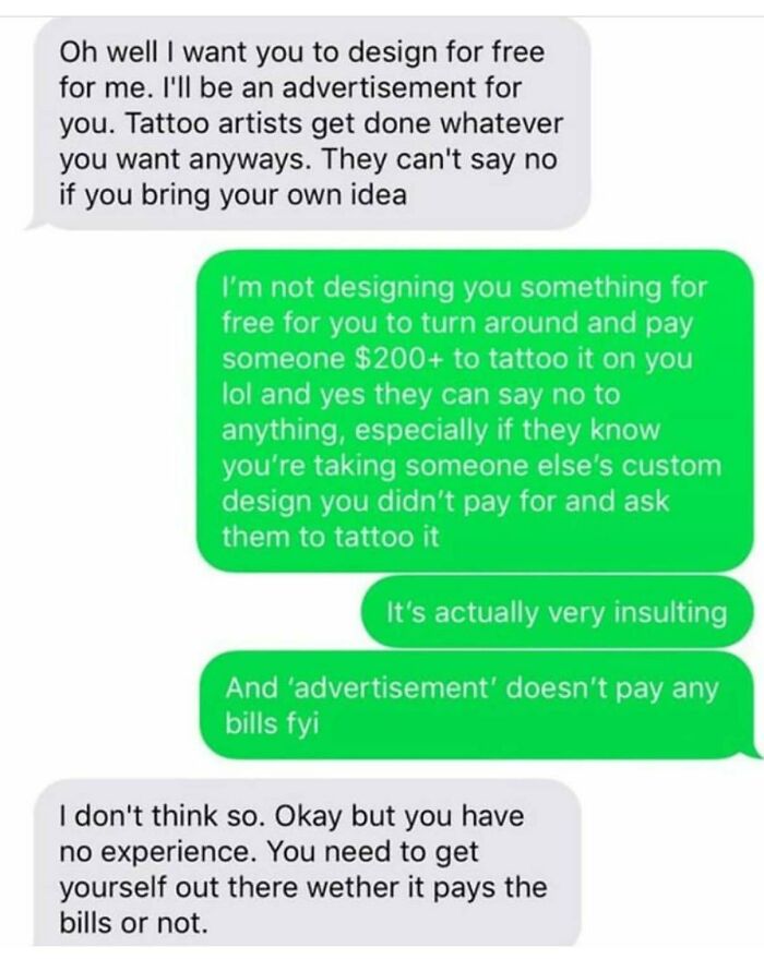 Text exchange showing a demanding customer discussing free tattoo design with a tattoo artist.