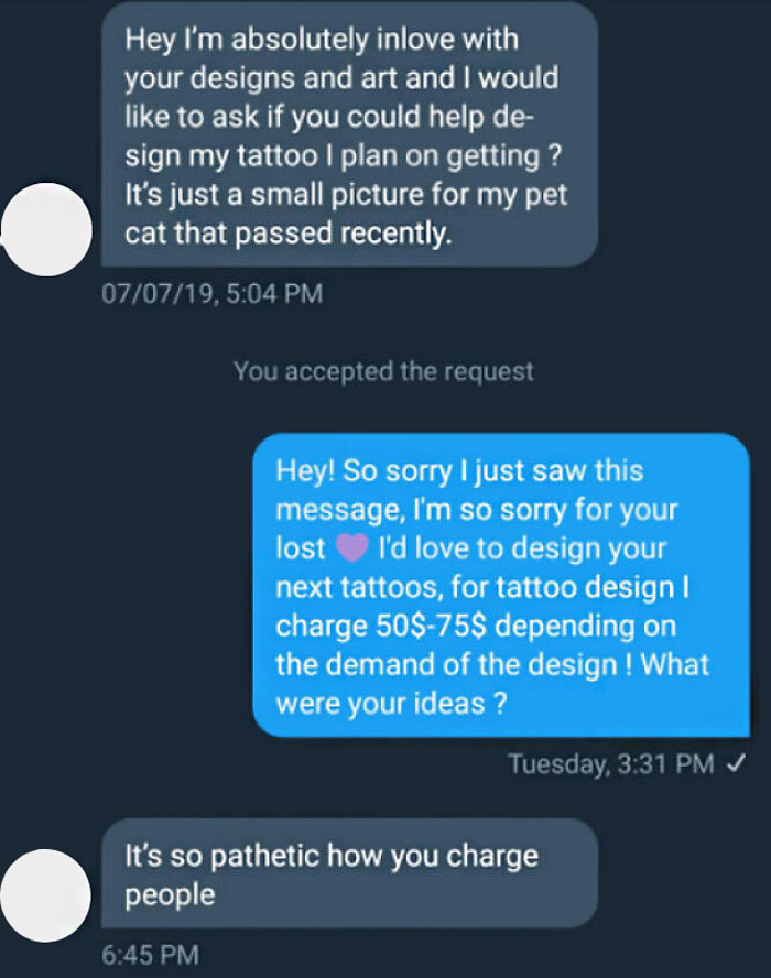 Tattoo artist dealing with difficult customer message exchange.