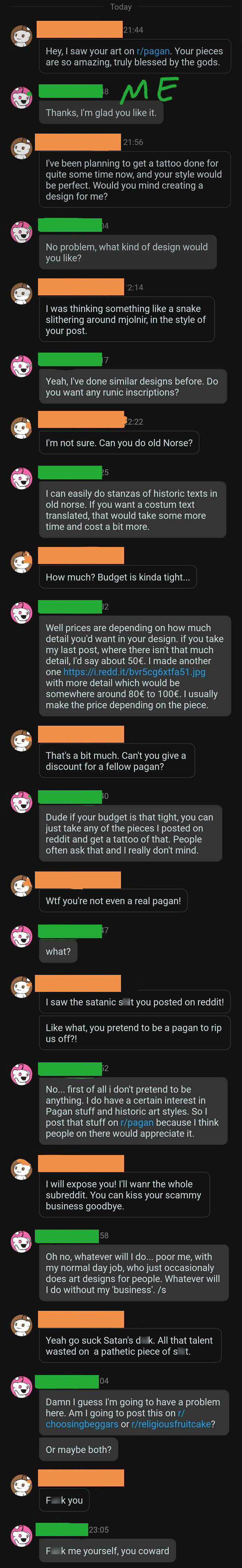 Tattoo artist dealing with a difficult client over text messages, discussing design costs and misunderstanding their work.