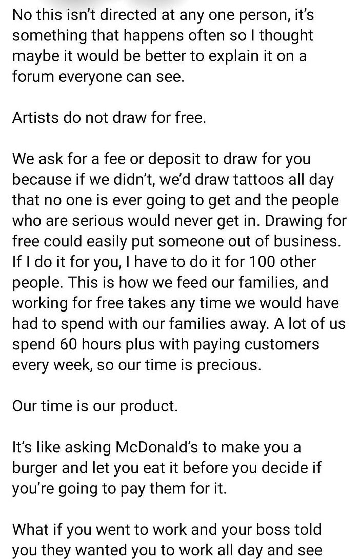 Tattoo artist explains the importance of charging fees to avoid working for free, emphasizing time and business value.