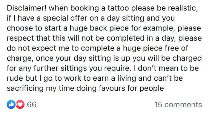 Tattoo artist's disclaimer addressing unrealistic customer expectations and time management challenges.