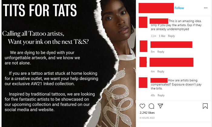 Tattoo artists discuss unpaid work, facing challenging customer demands for T&S design collaboration on social media post.