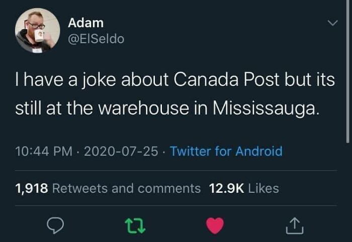 Tweet meme humorously highlighting life in Canada with a joke about Canada Post's slow delivery in Mississauga.