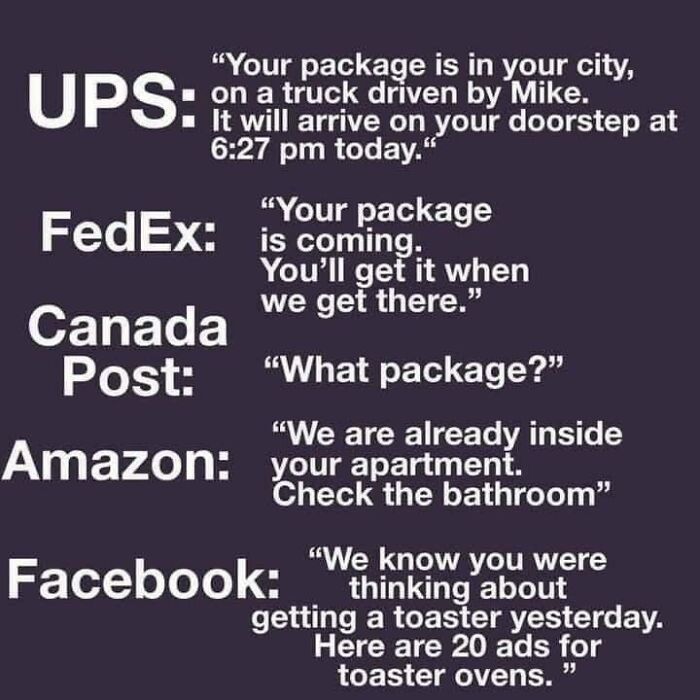 Memes about life in Canada, depicting humorous delivery service quotes from UPS, FedEx, Canada Post, Amazon, and Facebook.
