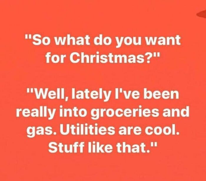 Text on a red background humorously about Canadian life priorities, mentioning groceries and utilities.