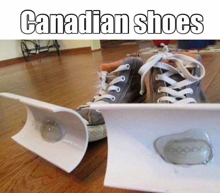 Sneakers with snowplow blades attached, humorously labeled "Canadian shoes," representing life in Canada.