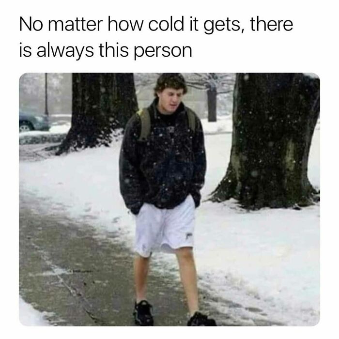 Person walking in snow wearing shorts, capturing a humorous aspect of life in Canada.