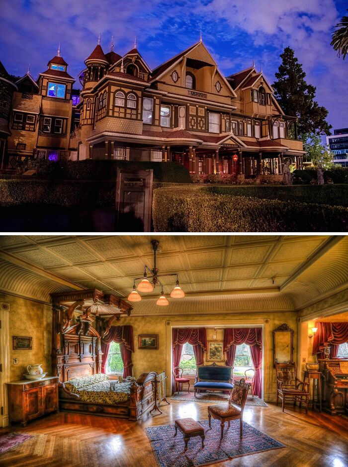 Brown Winchester Mystery House and inside with wooden floor and furniture