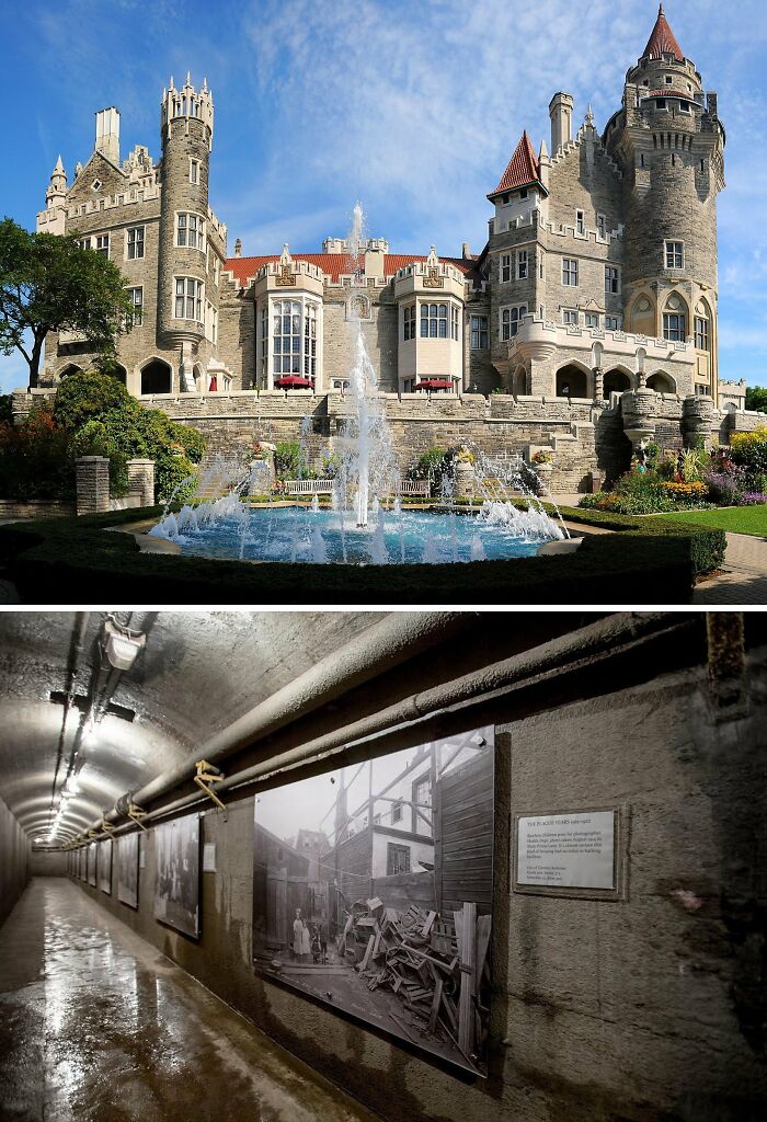 Casa Loma castle with fountain and inside with pictures on the walls