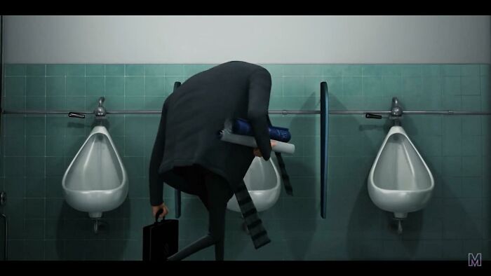 In Despicable Me (2010) Gru Uses The Middle Urinal To Get Into The Bank Of Evil. This Is Because You Have To Be A Villain To Use The Middle Of Three Urinals