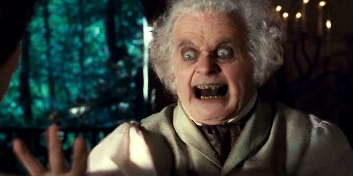 In The Lord Of The Rings: The Fellowship Of The Ring (2001), The "Scary Bilbo" Moment Was Totally Improvised By Ian Holm Without Vfx. Peter Jackson Felt It Was Too Scary And Tried To Cut It, But Holm Kept Showing Up At His House At Night Making This Face Until Jackson Backed Down And Kept It
