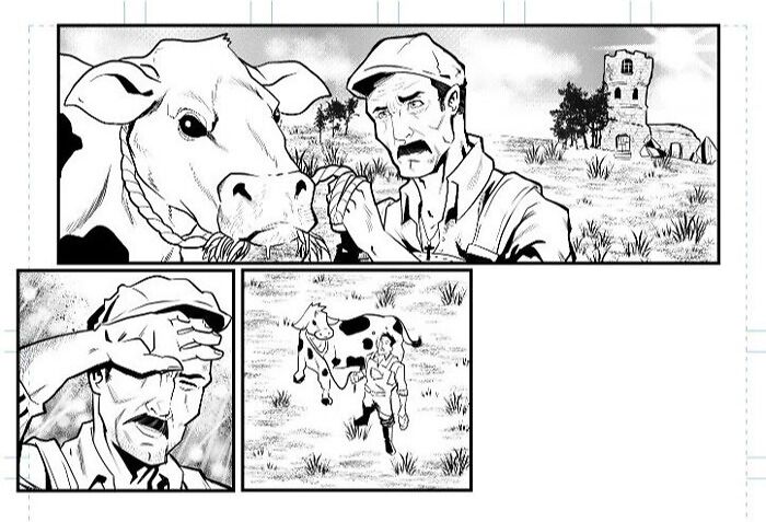 A farmer with a cow in a black and white drawing prompt, showcasing a rural scene with fields and a distant tower.