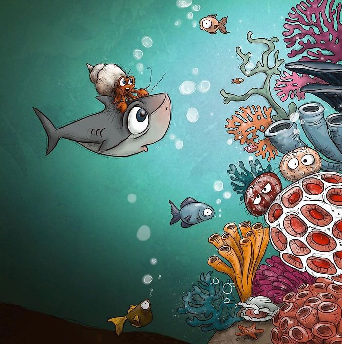 Whimsical drawing of a small shark with a hermit crab riding its back, exploring a colorful coral reef.